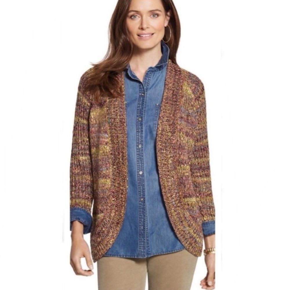 CHICOS Space Dye Keller Cardigan Open Rounded Front Multi Color Metallic Thread